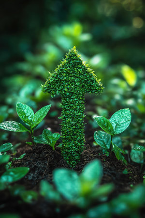 Green upward arrow and growth bars with ecofriendly design, cinematic photorealistic realismの素材