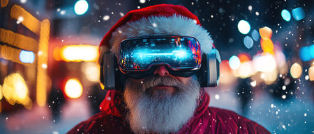 Neon Santa adjusting AR goggles under bright city lights, cinematic photorealismの素材