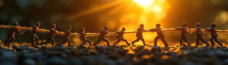 Miniature figures tugofwar, golden hour backlight, macro perspective, unity themeの素材