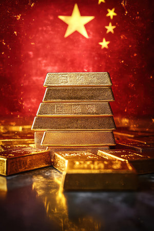 Gold bars reflecting red graph glow, China flag colors blending warmly behind, cinematic photo styleの素材