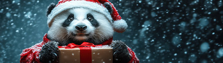 Panda dressed in Santa suit holding gift box, snow falling softly, cinematic photo realismの素材