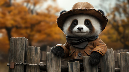 Panda cub in cowboy outfit standing near wooden fence, photorealistic clarity toneの素材