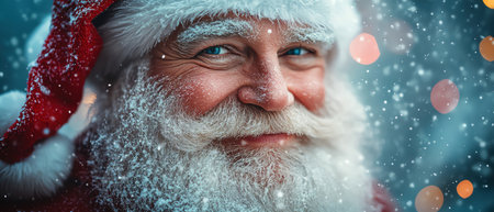 Santa smiling under pinklit snowflakes, cinematic realismの素材