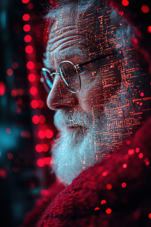 Futuristic Santa surrounded by holographic gift data, cinematic realismの素材