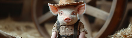 Baby piglet dressed as cowboy beside wagon wheel, photorealistic clarityの素材