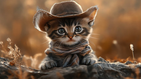 Adorable kitten wearing tiny cowboy hat and scarf, photorealistic digital realismの素材