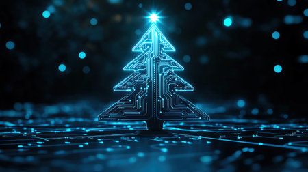 A futuristic Christmas tree glowing with neon blue circuit patterns against a dark background.の素材
