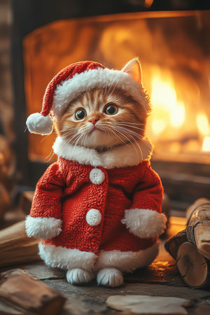 Cat plush in Santa coat beside fireplace, warm golden light, photorealistic detailの素材