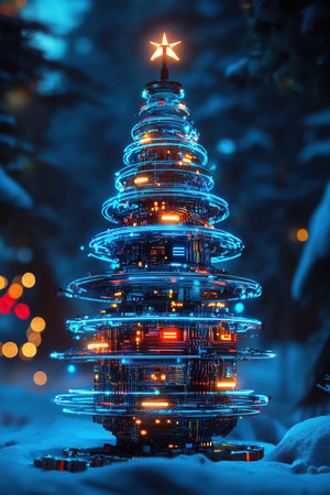 High-tech glowing Christmas tree featuring neon blue electronic patterns in a dim futuristic setting.の素材