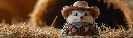 Hedgehog in miniature cowboy attire sitting on hay, cinematic realism toneの素材