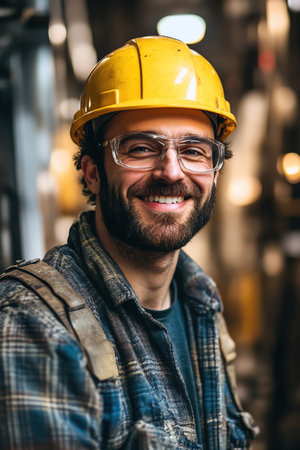 Smiling worker in yellow hard hat, industrial setting, shallow focus, warm ambient lightの素材