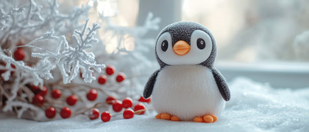 Penguin plush near frosty window and red berries, photorealistic winter glowの素材