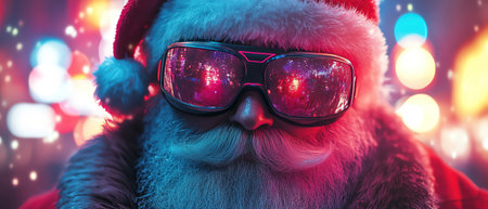 Neon Santa adjusting AR goggles under bright city lights, cinematic photorealismの素材