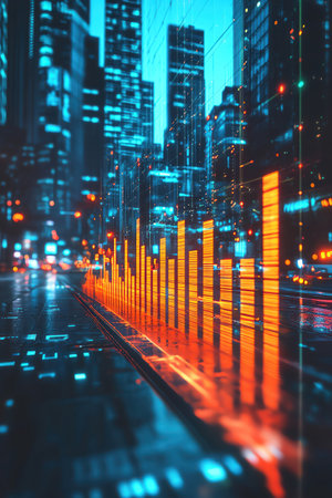 Rising bars on futuristic chart hologram, cinematic city toneの素材