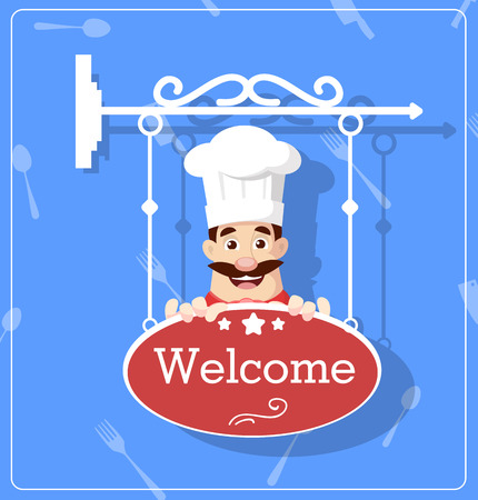 Flat Design Chef with Welcome Sign Board Vector Illustrationのイラスト素材