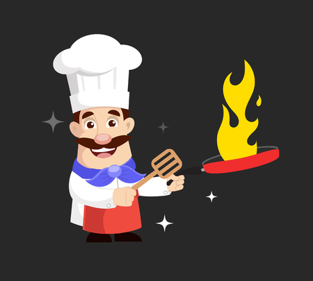 Chef cooking in Flame Frying Pan Vector Illustrationのイラスト素材
