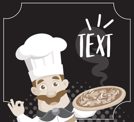 Flat Design Cartoon Chef Presenting Pizza Vector Illustrationのイラスト素材