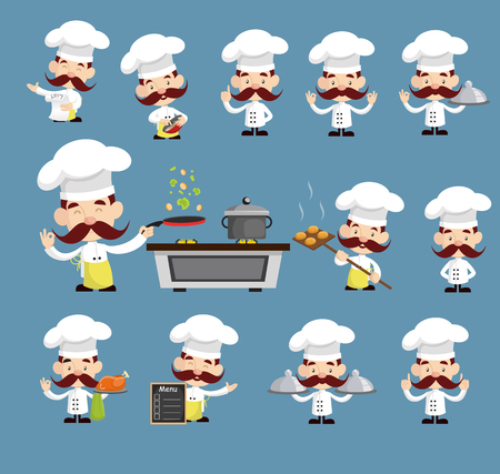 Fat Cartoon Chef holding fork and spoon Flat Vector Illustration Designのイラスト素材