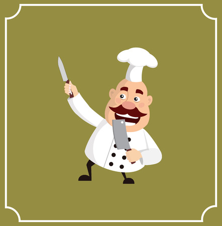 Fat Cartoon Chef holding meat knife Flat Vector Illustration Designのイラスト素材