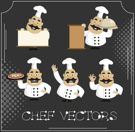 Fat Cartoon Chef vintage poses Flat Vector Illustration Designのイラスト素材