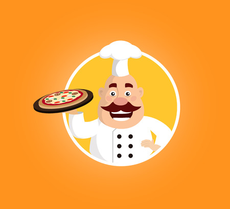Fat Cartoon Chef pizza mascot Flat Vector Illustration Designのイラスト素材