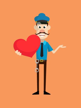 Cartoon Cop Policeman - Holding a Heart and Showing with Handのイラスト素材