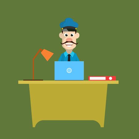 Cartoon Cop Policeman - Working on Laptopのイラスト素材
