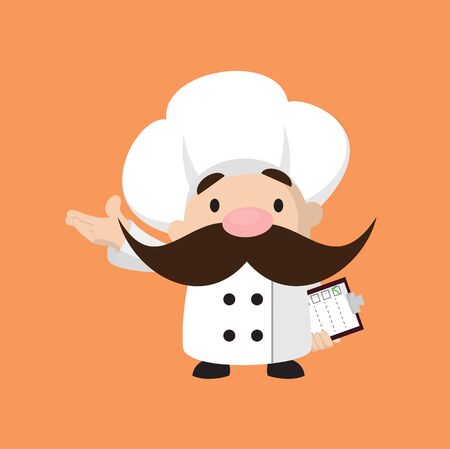 Funny Short Chef - Holding a Checklist and Showing with Hand Gestureのイラスト素材