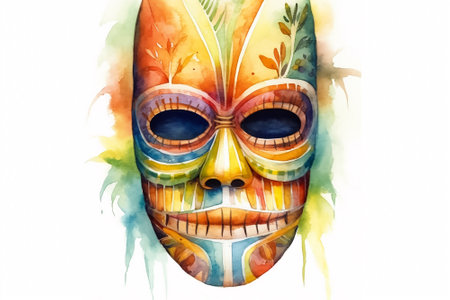 Tiki masks and wooden totems showcases the traditional Hawaiian and Polynesian art style white background. AI Generatedの素材