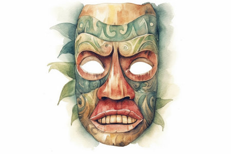 Tiki masks and wooden totems showcases the traditional Hawaiian and Polynesian art style white background. AI Generatedの素材