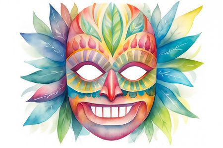 Tiki masks and wooden totems showcases the traditional Hawaiian and Polynesian art style white background. AI Generatedの素材