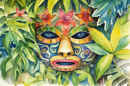 Tiki masks and wooden totems showcases the traditional Hawaiian and Polynesian art style white background. AI Generatedの素材