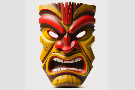 Tiki masks and wooden totems showcases the traditional Hawaiian and Polynesian art style white background. AI Generatedの素材