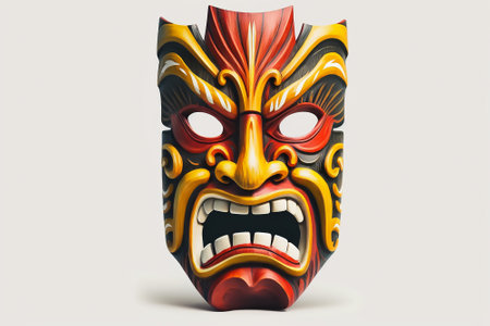 Tiki masks and wooden totems showcases the traditional Hawaiian and Polynesian art style white background. AI Generatedの素材
