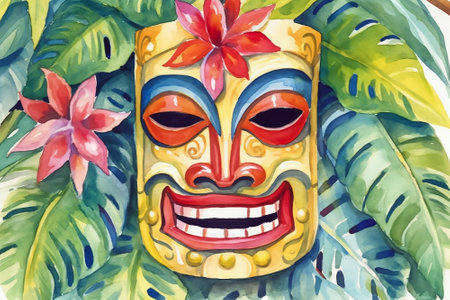 Tiki masks and wooden totems showcases the traditional Hawaiian and Polynesian art style white background. AI Generatedの素材