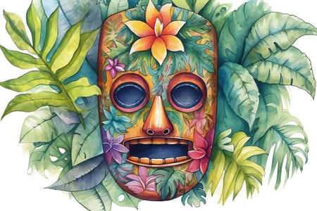 Tiki masks and wooden totems showcases the traditional Hawaiian and Polynesian art style white background. AI Generatedの素材