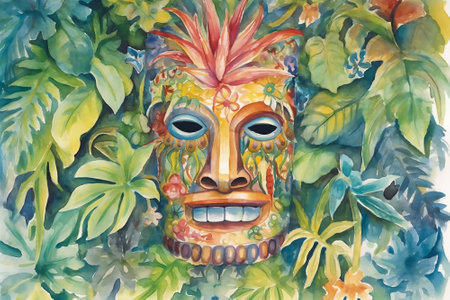 Tiki masks and wooden totems showcases the traditional Hawaiian and Polynesian art style white background. AI Generatedの素材