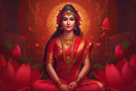 Hindu Goddess Laxmi, symbol of wealth and prosperity, depicted with divine aura and seated on a blooming lotus flower. AI Generatedの素材