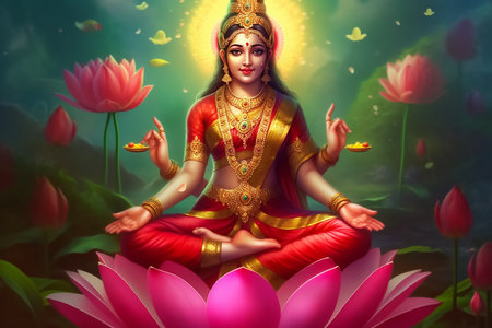 Hindu Goddess Laxmi, symbol of wealth and prosperity, depicted with divine aura and seated on a blooming lotus flower. AI Generatedの素材
