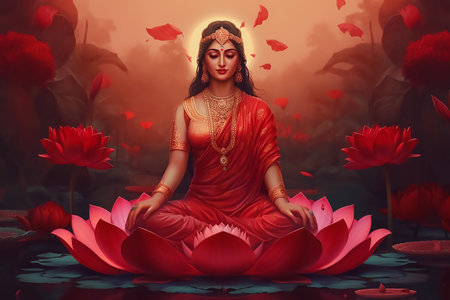Hindu Goddess Laxmi, symbol of wealth and prosperity, depicted with divine aura and seated on a blooming lotus flower. AI Generatedの素材