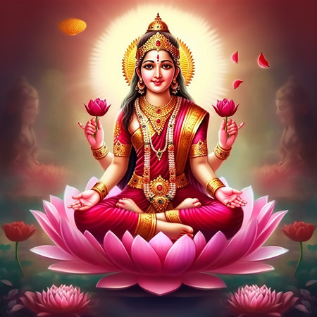 Hindu Goddess Laxmi, symbol of wealth and prosperity, depicted with divine aura and seated on a blooming lotus flower. AI Generatedの素材