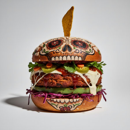 Hamburger with tomato, onion, cheese and lettuce on white backgroundの素材