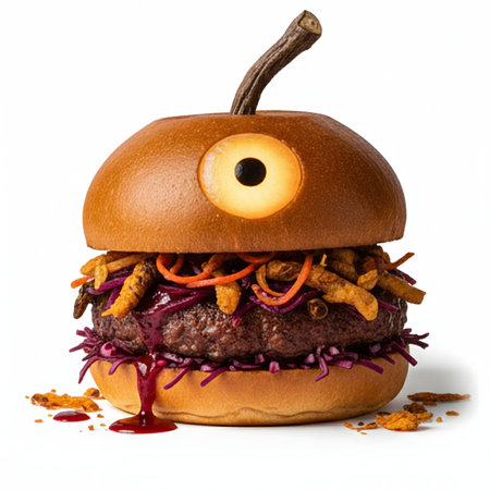 Halloween hamburger with eyes isolated on white background, clipping pathの素材