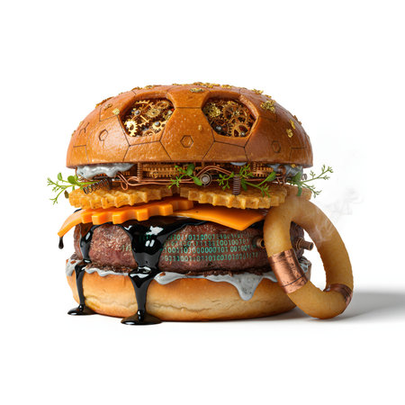 Hamburger with cheese and caramel sauce 3d render on whiteの素材