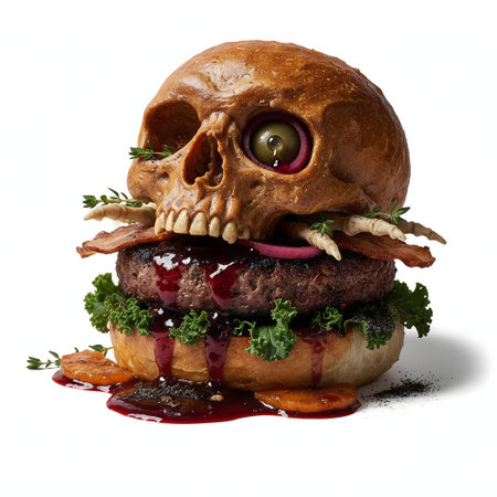 Cheeseburger with cheese, lettuce, tomato and onion ringsの素材