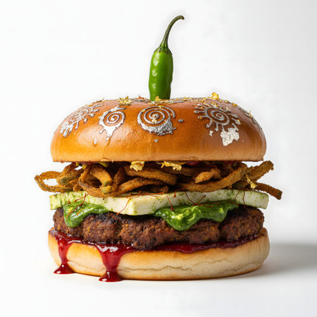 Halloween burger with black and red buns on a white backgroundの素材