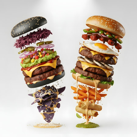 Experience the ultimate food explosion with these towering burgers and loaded nachos, perfect for a dynamic menu or vibrant food blog, fueling cravingsの素材