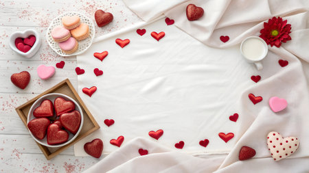 Valentine's Day background with heart shaped cookies and cup of coffee on white wooden tableの素材