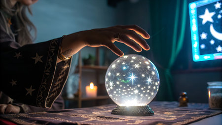 Crystal ball with a pattern of stars in the hands of a Muslim woman.の素材