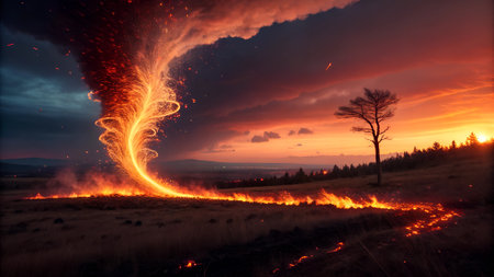 Flaming lightning in the field at sunset, 3D renderingの素材